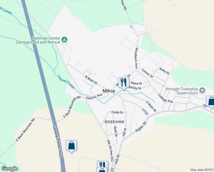 map of restaurants, bars, coffee shops, grocery stores, and more near 205 North Main Street in Milroy
