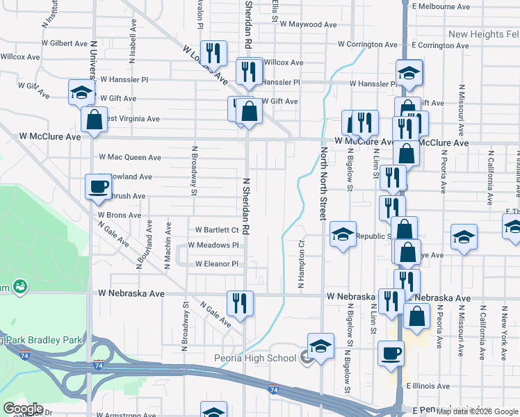 map of restaurants, bars, coffee shops, grocery stores, and more near 2207 North Ellis Street in Peoria