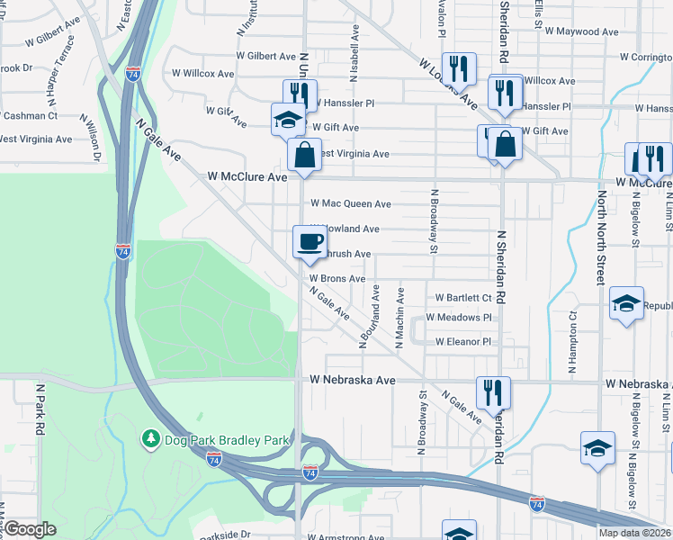 map of restaurants, bars, coffee shops, grocery stores, and more near 1217 West Brons Avenue in Peoria