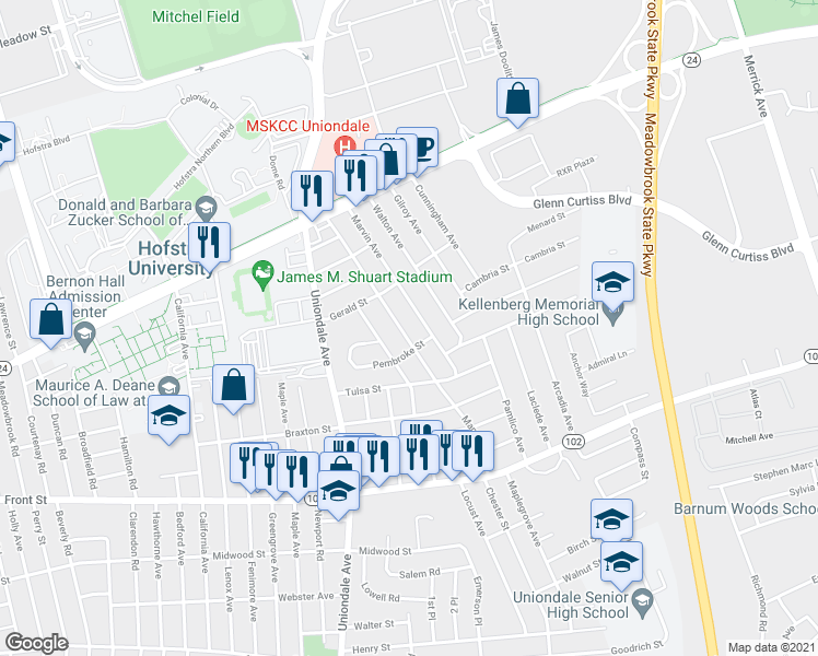 map of restaurants, bars, coffee shops, grocery stores, and more near 141 Manor Parkway in Uniondale