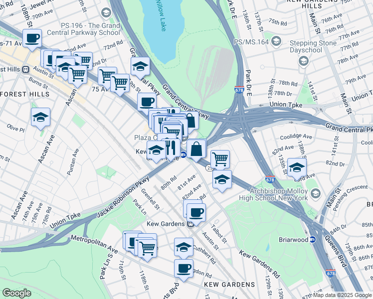 map of restaurants, bars, coffee shops, grocery stores, and more near 6459 Queens Boulevard in Queens