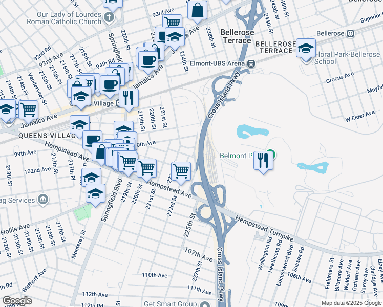 map of restaurants, bars, coffee shops, grocery stores, and more near 223-01 100th Drive in Queens