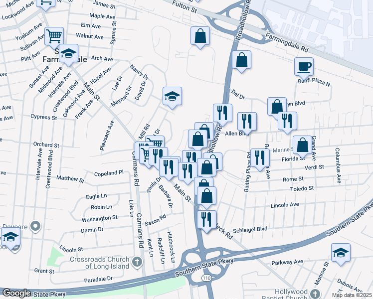 map of restaurants, bars, coffee shops, grocery stores, and more near 162 Genova Court in Farmingdale