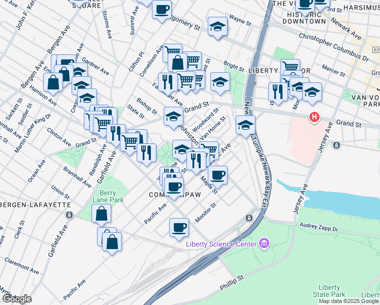 map of restaurants, bars, coffee shops, grocery stores, and more near 296 Van Horne Street in Jersey City