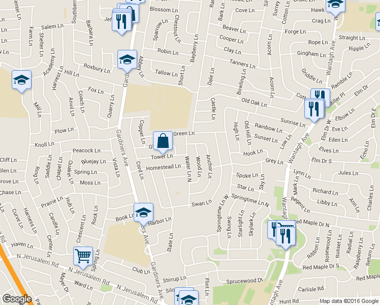 map of restaurants, bars, coffee shops, grocery stores, and more near 21 Water Lane North in Levittown