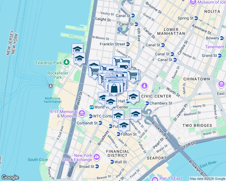 map of restaurants, bars, coffee shops, grocery stores, and more near 45 Warren Street in New York
