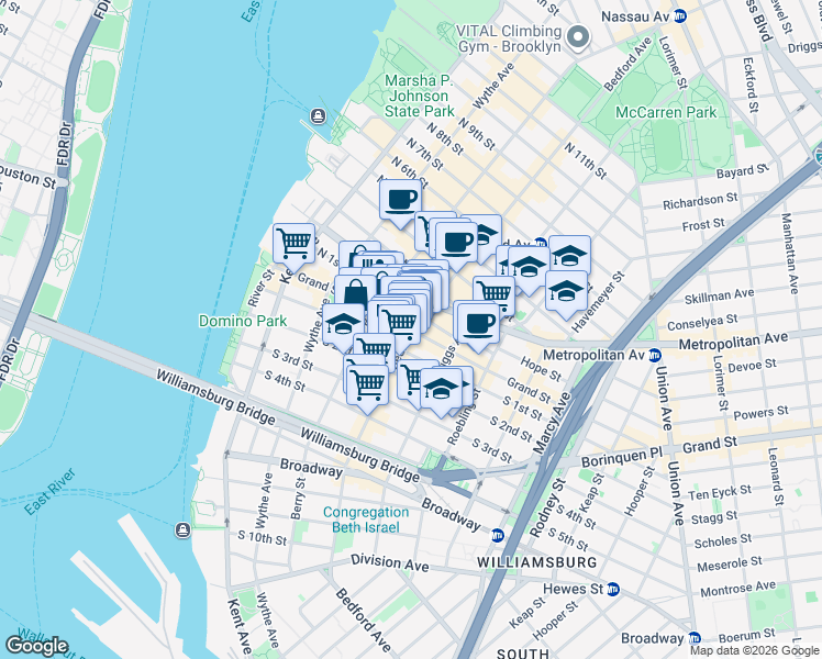 map of restaurants, bars, coffee shops, grocery stores, and more near Bedford Ave & Grand St in Brooklyn