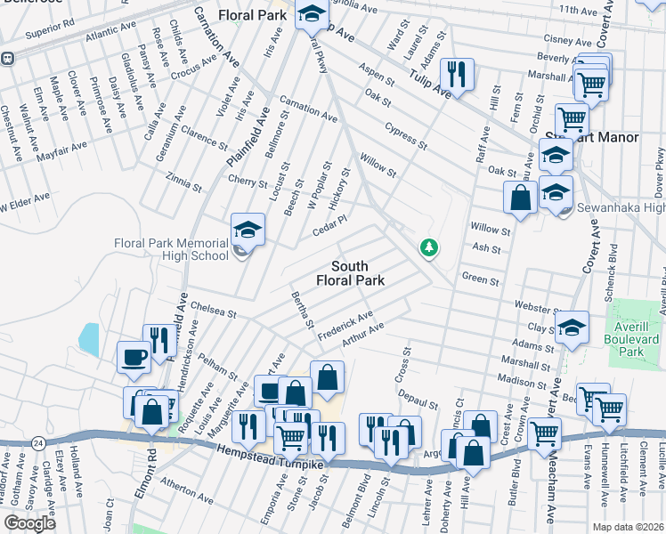 map of restaurants, bars, coffee shops, grocery stores, and more near 115 Kingston Avenue in South Floral Park