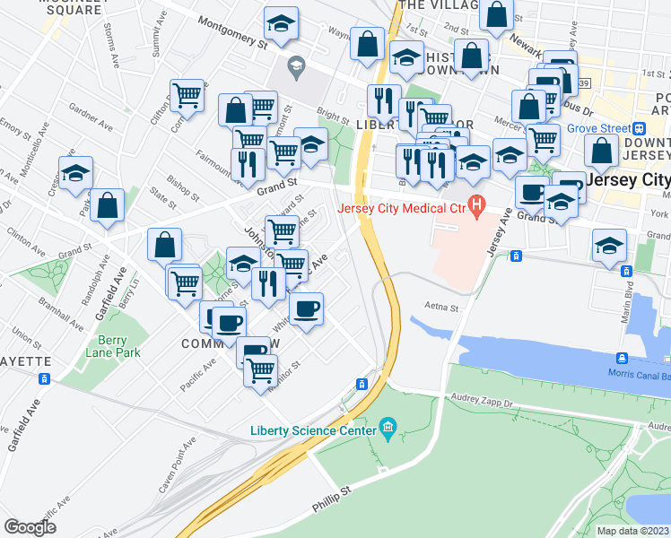 map of restaurants, bars, coffee shops, grocery stores, and more near 18 Ash Street in Jersey City