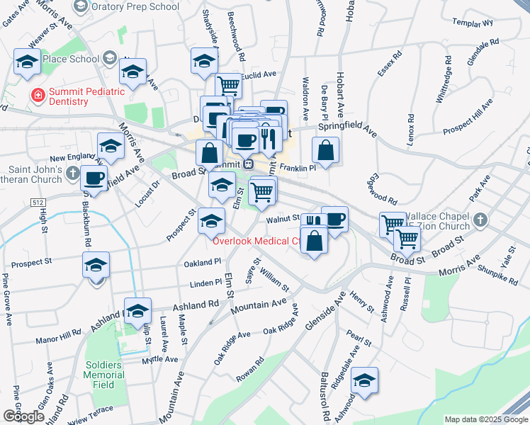 map of restaurants, bars, coffee shops, grocery stores, and more near 23 Summit Avenue in Summit