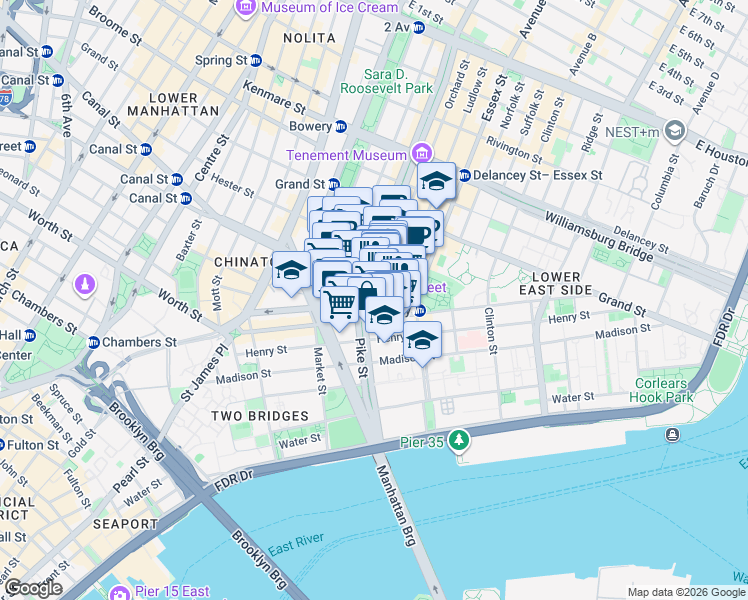 map of restaurants, bars, coffee shops, grocery stores, and more near 0 Orchard Street in New York