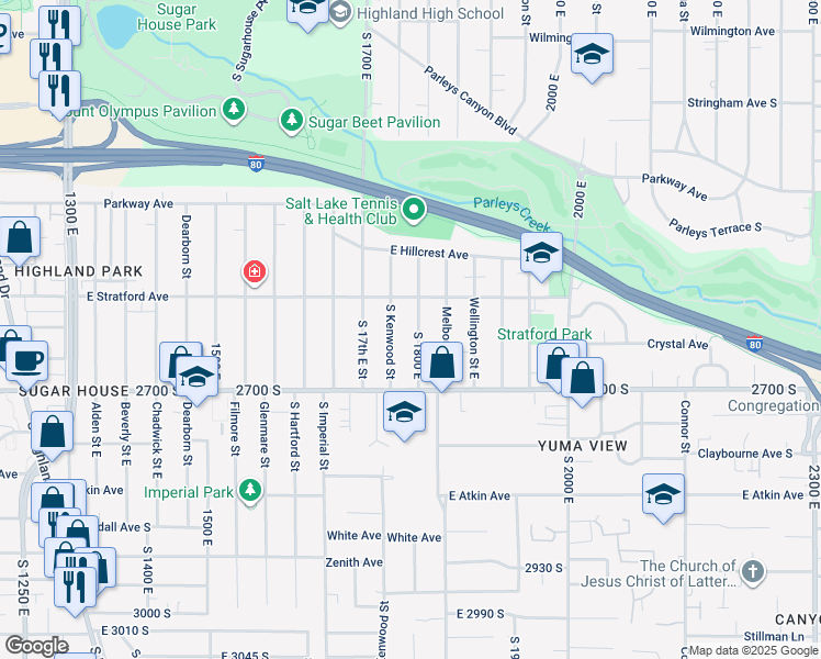map of restaurants, bars, coffee shops, grocery stores, and more near 2642 S 1800 E in Salt Lake City
