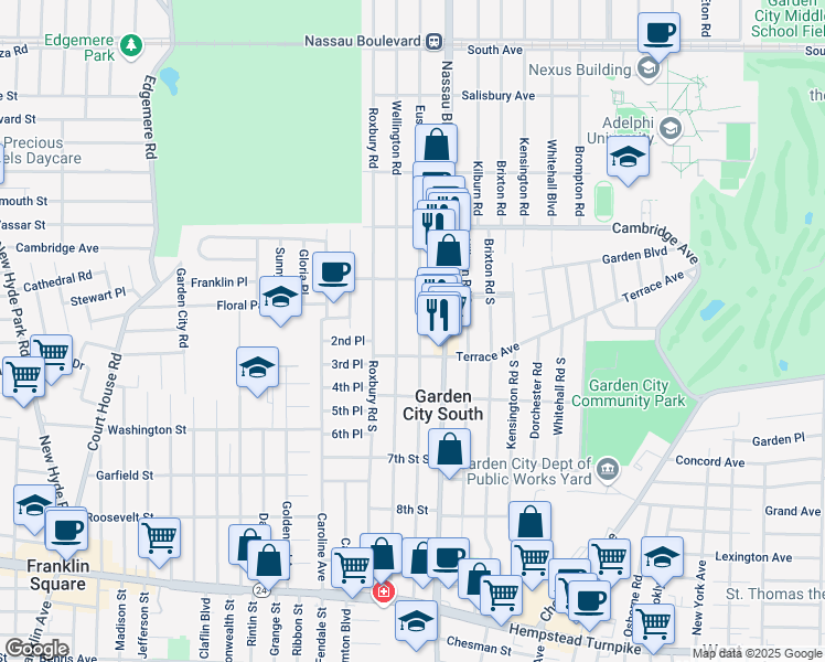 map of restaurants, bars, coffee shops, grocery stores, and more near 289 Euston Rd S in Garden City