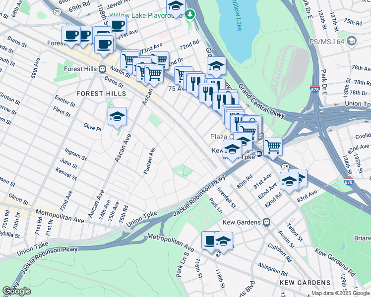 map of restaurants, bars, coffee shops, grocery stores, and more near 2-97 Burns Street in Queens