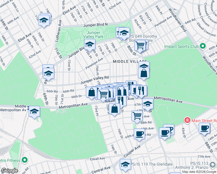 map of restaurants, bars, coffee shops, grocery stores, and more near 66-43 75th Street in Queens