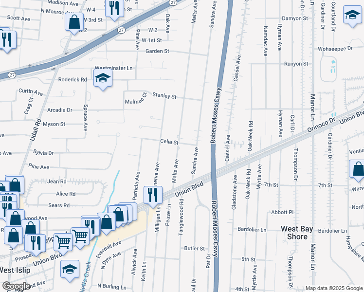 map of restaurants, bars, coffee shops, grocery stores, and more near 1064 Celia Street in West Islip