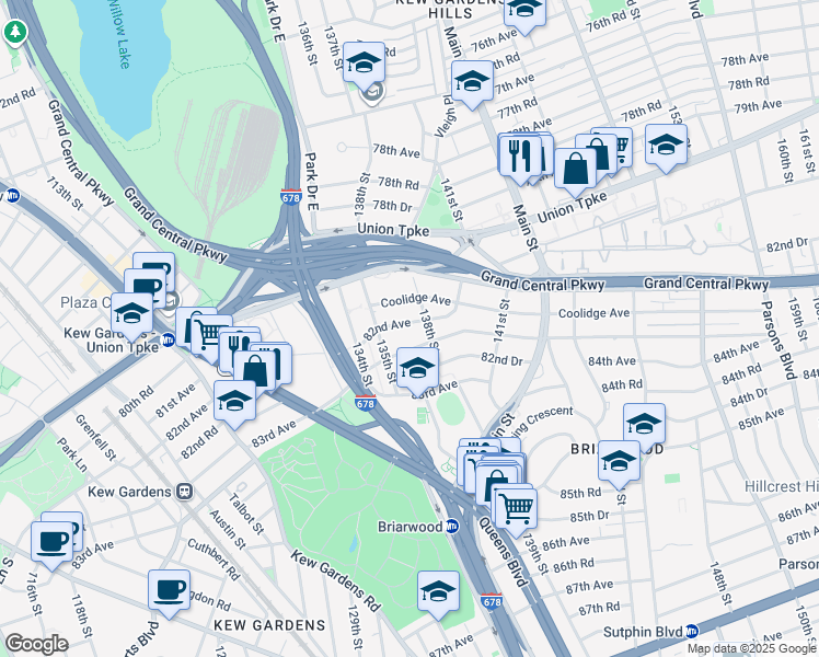 map of restaurants, bars, coffee shops, grocery stores, and more near 82-06 138th Street in Queens