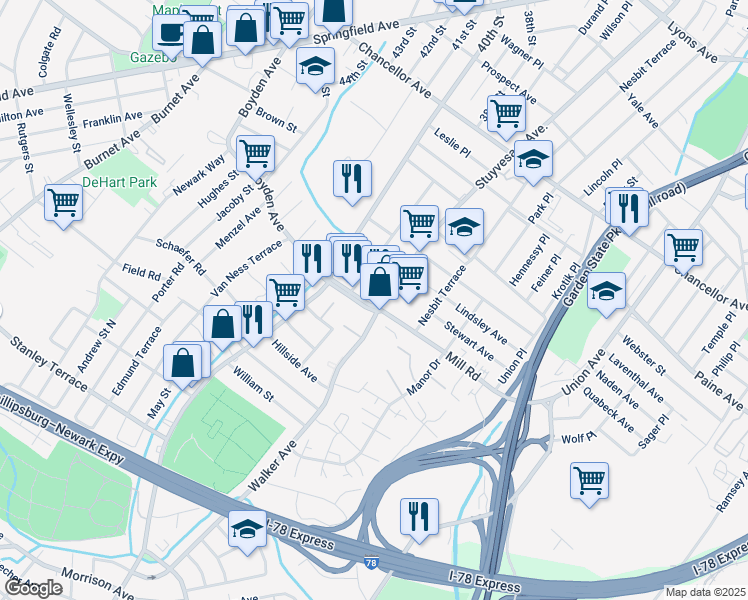 map of restaurants, bars, coffee shops, grocery stores, and more near 1060 Stuyvesant Avenue in Irvington