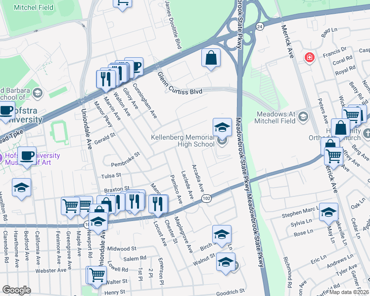 map of restaurants, bars, coffee shops, grocery stores, and more near 200 Arcadia Avenue in Uniondale