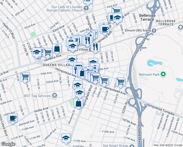 map of restaurants, bars, coffee shops, grocery stores, and more near 100-16 Springfield Boulevard in Queens