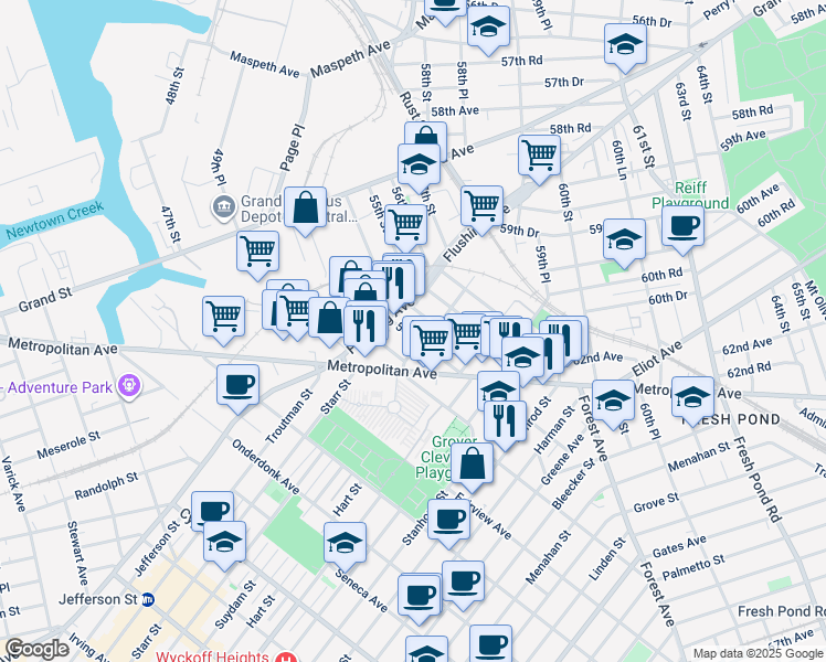 map of restaurants, bars, coffee shops, grocery stores, and more near 60-23 54th Street in Queens