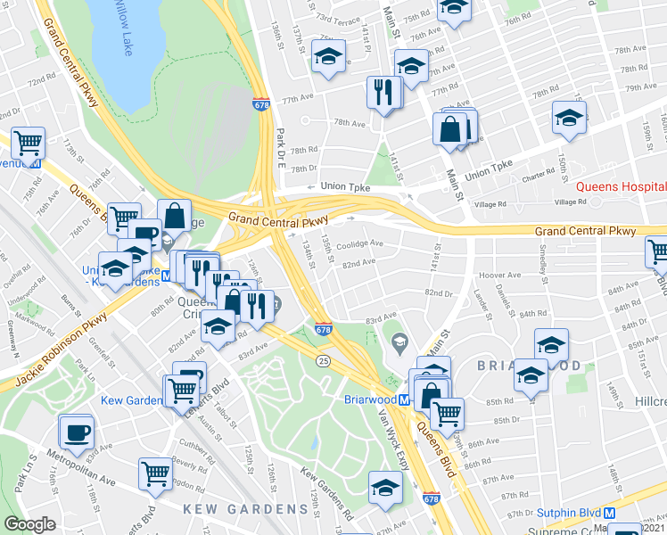 map of restaurants, bars, coffee shops, grocery stores, and more near 135-08 82nd Avenue in Queens