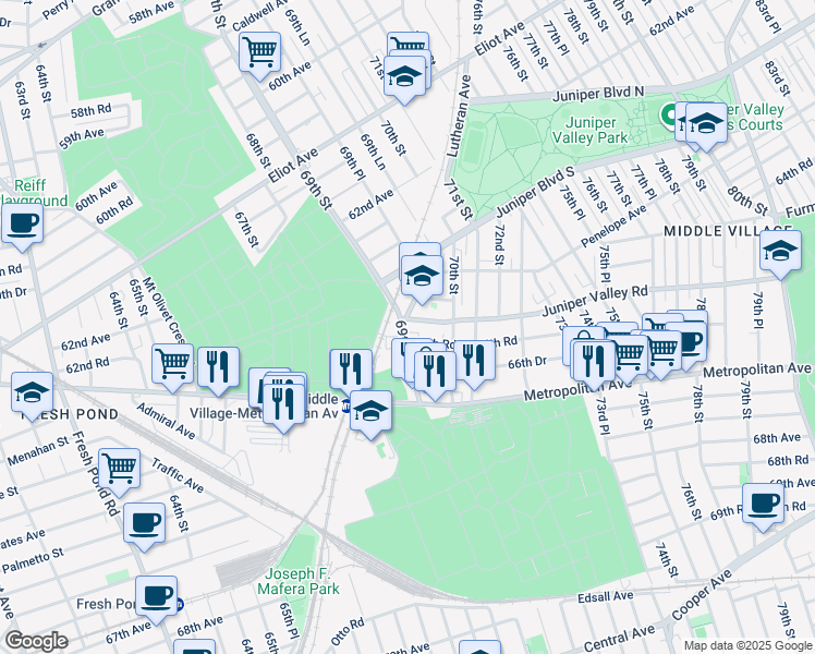 map of restaurants, bars, coffee shops, grocery stores, and more near 69-02 Juniper Valley Road in Queens