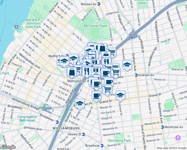 map of restaurants, bars, coffee shops, grocery stores, and more near 2 Conselyea Street in Brooklyn