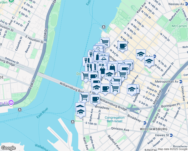 map of restaurants, bars, coffee shops, grocery stores, and more near 291 Kent Avenue in Brooklyn