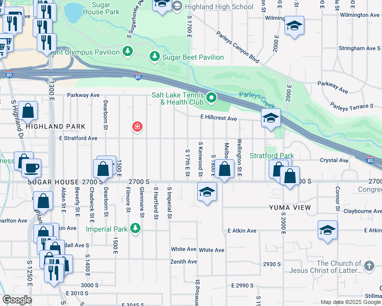map of restaurants, bars, coffee shops, grocery stores, and more near 2643 South 1700 East in Salt Lake City