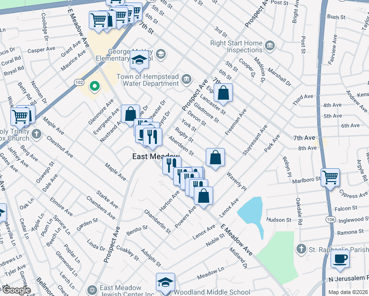 map of restaurants, bars, coffee shops, grocery stores, and more near Aberdeen Street in East Meadow