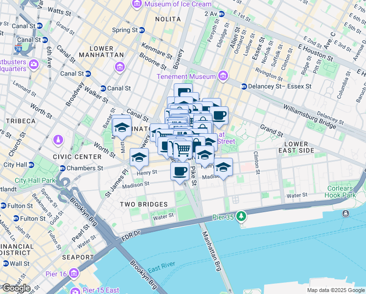 map of restaurants, bars, coffee shops, grocery stores, and more near 8 Eldridge Street in New York