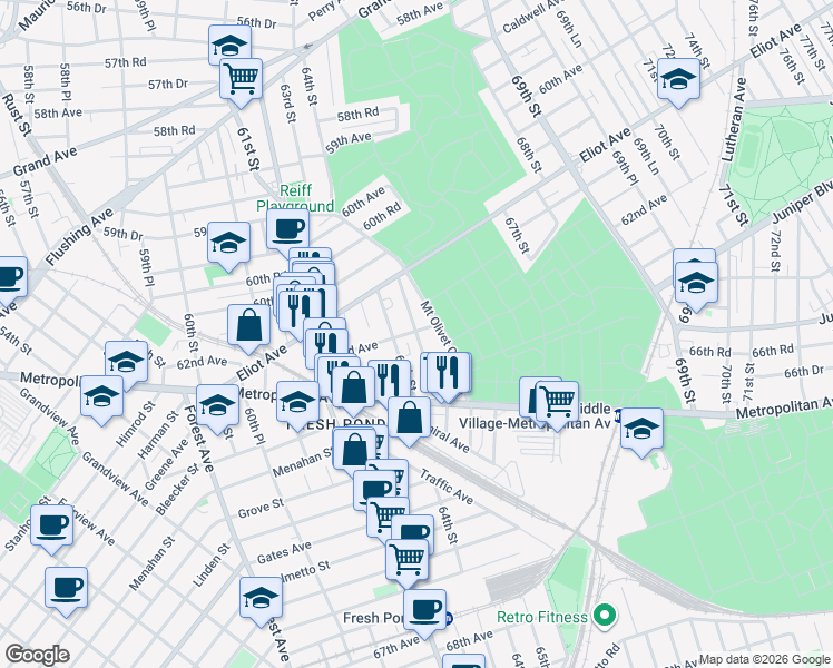 map of restaurants, bars, coffee shops, grocery stores, and more near 64-16 62nd Avenue in Queens