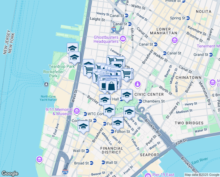 map of restaurants, bars, coffee shops, grocery stores, and more near 128 Church Street in New York