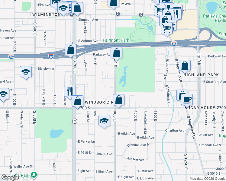 map of restaurants, bars, coffee shops, grocery stores, and more near 2578 900 East in Salt Lake City
