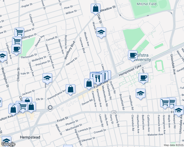 map of restaurants, bars, coffee shops, grocery stores, and more near 64 Fairview Boulevard in Hempstead