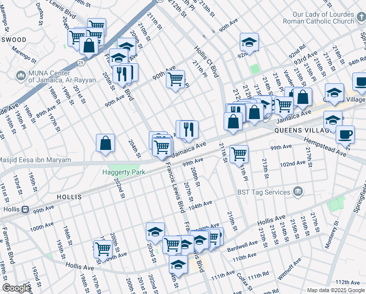 map of restaurants, bars, coffee shops, grocery stores, and more near 208-05 Jamaica Avenue in Queens