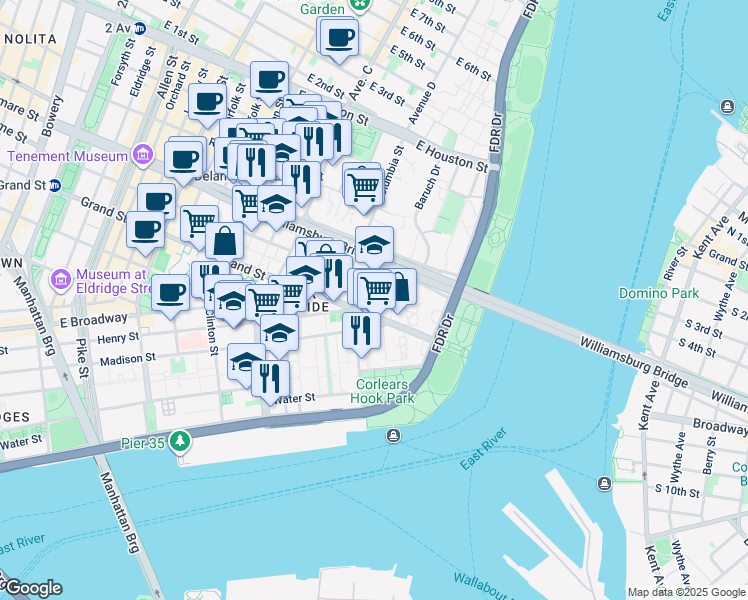 map of restaurants, bars, coffee shops, grocery stores, and more near 550 Grand Street in New York