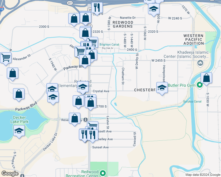 map of restaurants, bars, coffee shops, grocery stores, and more near 1576 Crystal Avenue in West Valley City