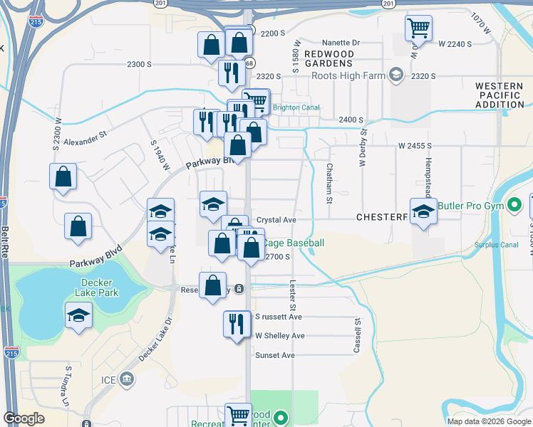 map of restaurants, bars, coffee shops, grocery stores, and more near 1670 Crystal Avenue in West Valley City