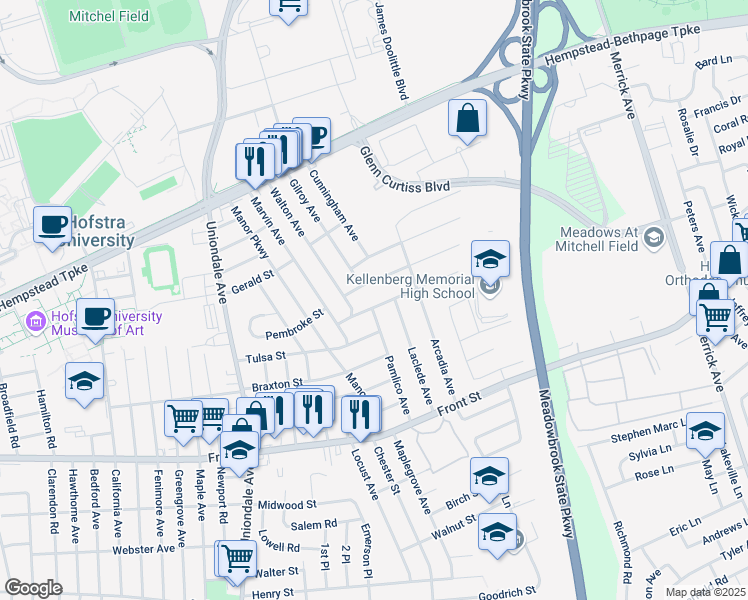 map of restaurants, bars, coffee shops, grocery stores, and more near 1213 Warwick Street in Uniondale