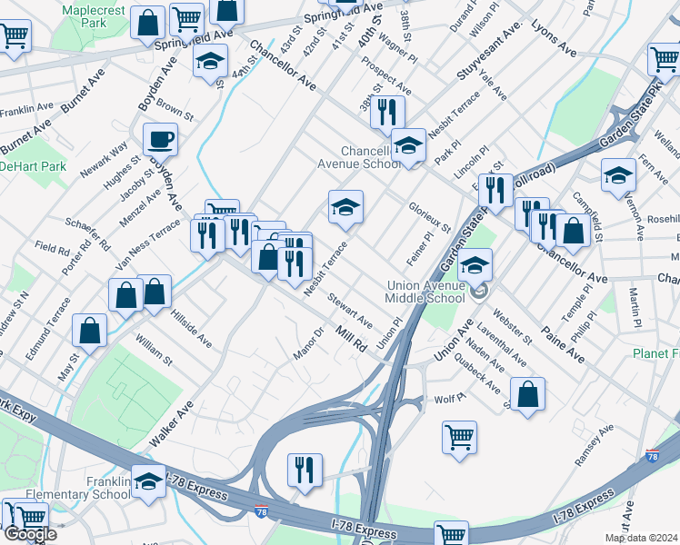 map of restaurants, bars, coffee shops, grocery stores, and more near 14 Lindsley Avenue in Irvington