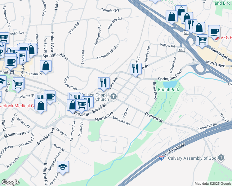 map of restaurants, bars, coffee shops, grocery stores, and more near 129 Broad Street in Summit
