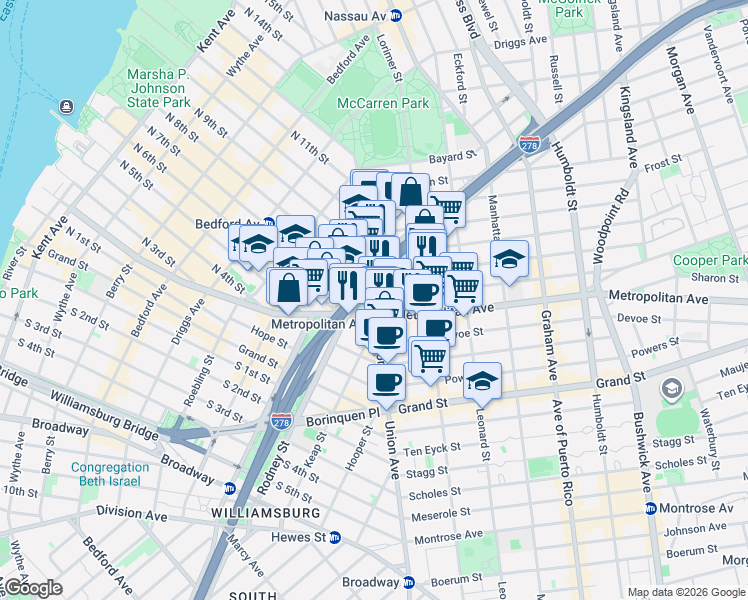 map of restaurants, bars, coffee shops, grocery stores, and more near Union Avenue & Conselyea Street in Brooklyn