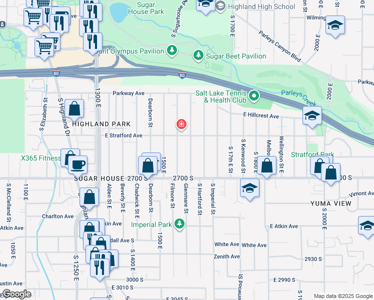 map of restaurants, bars, coffee shops, grocery stores, and more near 2642 Glenmare Street in Salt Lake City