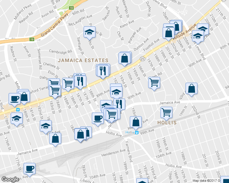 map of restaurants, bars, coffee shops, grocery stores, and more near 89-11 191st Street in Queens