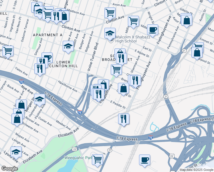 map of restaurants, bars, coffee shops, grocery stores, and more near 243 Elizabeth Avenue in Newark