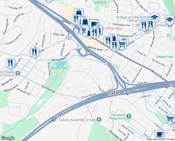 map of restaurants, bars, coffee shops, grocery stores, and more near 67B Troy Drive in Springfield