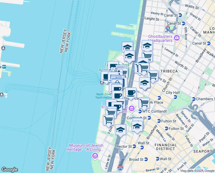 map of restaurants, bars, coffee shops, grocery stores, and more near 300 Vesey Street in New York