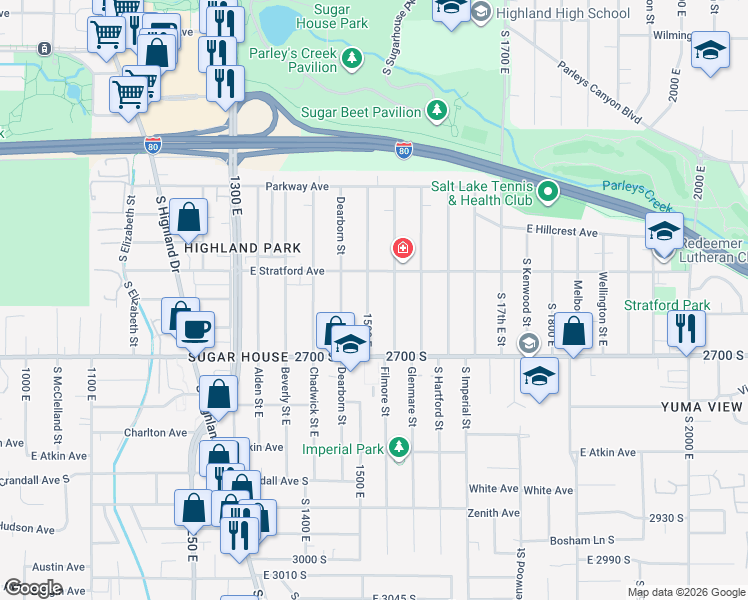 map of restaurants, bars, coffee shops, grocery stores, and more near 2641 South 1500 East in Salt Lake City